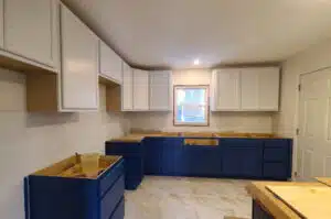 blue lower and white upper kitchen cabinets, cabinet painting, trucare painters