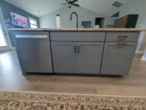 front view of kitchen island painted grey, cabinet painting, trucare painters