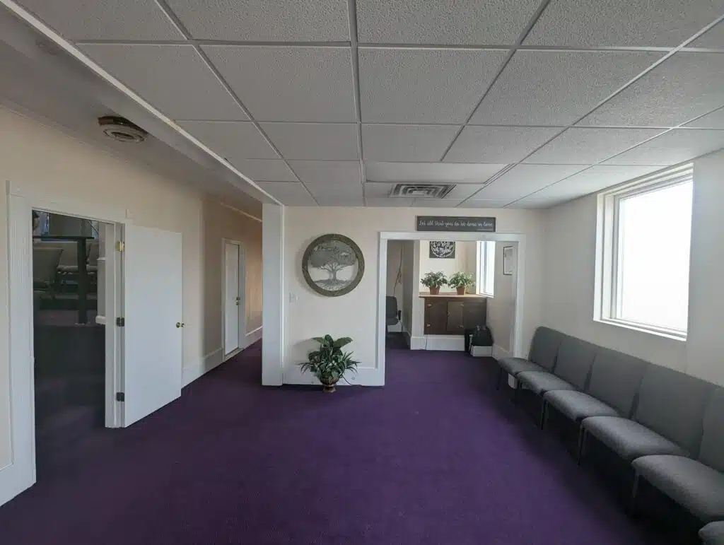 white church reception area with purple carpet, commercial painting, trucare painters